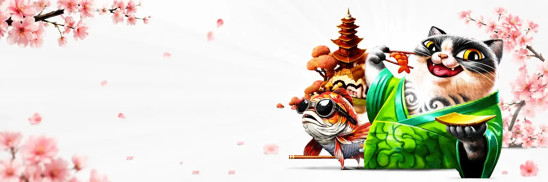 Sushi Casino online banner with cat and fish mascots, Japanese pagoda and cherry blossom decorations